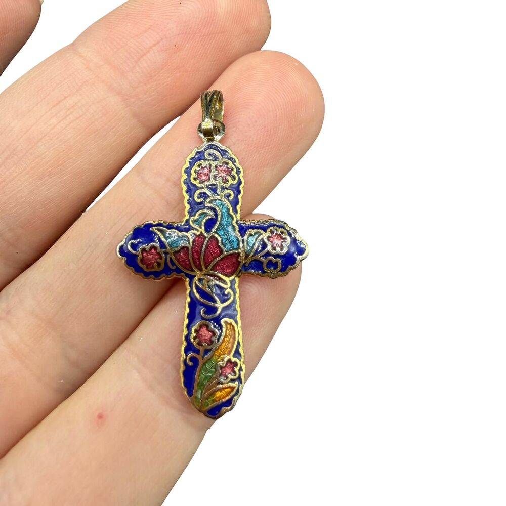 Vintage Cloisonne Cross Pendant Cobalt Blue Enamel Art Nouveau Flowers Crucifix